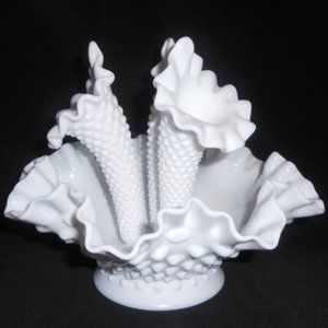 Fenton Hobnail Milk Glass Epergne 3 Horn